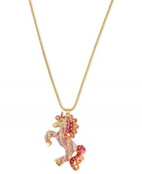 Feel the magic. This unicorn pendant from Betsey Johnson dazzles with multicolored crystal accents along a necklace crafted from gold-tone mixed metal. Approximate length: 16 inches + 3-inch extender. Approximate drop: 2 inches. Feel the magic. This unicorn pendant from Betsey Johnson dazzles with multicolored crystal accents along a necklace crafted from gold-tone mixed metal. Approximate length: 16 inches + 3-inch extender. Approximate drop: 2 inches.