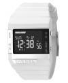 High-tech fashion by Diesel. This unisex watch features a white plastic strap and rectangular case, 45x38mm. Black negative display digital dial with time, day, date, seconds, alarm and lap timer. Quartz movement. Water resistant to 50 meters. Two-year limited warranty.