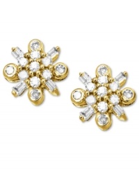 Springtime sparkle. These luminous stud earrings feature round and baguette-cut diamonds (1/4 ct. t.w.) in the shape of flowers. Set in 14k gold. Approximate diameter: 2/5 inch. Springtime sparkle. These luminous stud earrings feature round and baguette-cut diamonds (1/4 ct. t.w.) in the shape of flowers. Set in 14k gold. Approximate diameter: 2/5 inch.