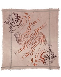 Wild and wearable, this Leigh & Luca NY scarf is printed with two abstract tigers for ferocious flair.Like a work of art, each limited-edition Leigh & Luca NY scarf is numbered and packaged in a signature plastic bag with instructional flag art depicting ways to wear it. All scarves are made on Mongolian looms over 100 years old. Wild and wearable, this Leigh & Luca NY scarf is printed with two abstract tigers for ferocious flair.Like a work of art, each limited-edition Leigh & Luca NY scarf is numbered and packaged in a signature plastic bag with instructional flag art depicting ways to wear it. All scarves are made on Mongolian looms over 100 years old.