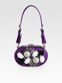 Satin bag with embroidery, crystals and beads.Detachable top handle, 7 dropFlip-lock closureTwo inner compartmentsSatin lining5½W X 3½H X 1½DMade in Italy Satin bag with embroidery, crystals and beads.Detachable top handle, 7 dropFlip-lock closureTwo inner compartmentsSatin lining5½W X 3½H X 1½DMade in Italy