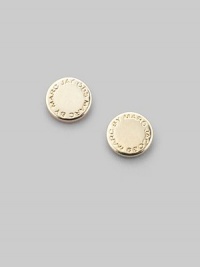 Polished disc-shaped studs, carved with the iconic designer's logo. Brass Diameter, about ¼ Post back Imported Polished disc-shaped studs, carved with the iconic designer's logo. Brass Diameter, about ¼ Post back Imported
