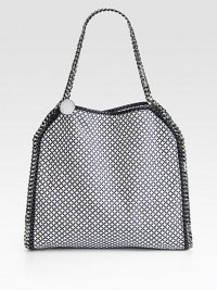 Polished chain trim and print adds edge this versatile faux leather design.Double chain handles, 4 dropTop snap closureOne inside zip pocketNylon logo lining14¾W X 13H X 3DMade in Italy Polished chain trim and print adds edge this versatile faux leather design.Double chain handles, 4 dropTop snap closureOne inside zip pocketNylon logo lining14¾W X 13H X 3DMade in Italy