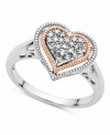 An instant love affair. This sterling silver and 14k rose gold heart ring adds single cut diamonds (1/10 ct. t.w.) for a lustrous effect. Approximate band width: 1/5 inch.