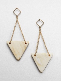 A geometric design featuring recycled cow horn goldtone link chains. Recycled Ankole cow hornGoldtoneDrop, about 2Post backMade in USA A geometric design featuring recycled cow horn goldtone link chains. Recycled Ankole cow hornGoldtoneDrop, about 2Post backMade in USA
