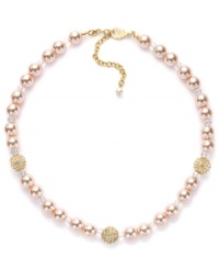 Pretty in pink. Charter Club's sweet style adds a touch of femininity to any look. Collar necklace is crafted in gold tone mixed metal with pink simulated pearls and glass fireballs. Approximate length: 16 inches + 2-inch extender. Pretty in pink. Charter Club's sweet style adds a touch of femininity to any look. Collar necklace is crafted in gold tone mixed metal with pink simulated pearls and glass fireballs. Approximate length: 16 inches + 2-inch extender.