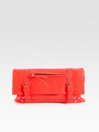 A boldly colored design in luxurious calfskin leather with a buckle accented flap closure.Magnetic flap closure with zipperOne outside zip pocketMirror under flapCotton lining10W X 5½H X ¾DImported A boldly colored design in luxurious calfskin leather with a buckle accented flap closure.Magnetic flap closure with zipperOne outside zip pocketMirror under flapCotton lining10W X 5½H X ¾DImported