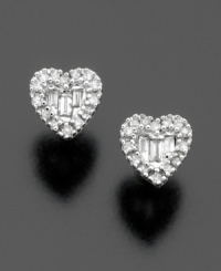 Show her you care with lovely 14k white gold heart-shaped diamond earrings featuring round and baguette-cut diamonds (1/7 ct. t.w.) for the perfect amount of sparkle. Show her you care with lovely 14k white gold heart-shaped diamond earrings featuring round and baguette-cut diamonds (1/7 ct. t.w.) for the perfect amount of sparkle.