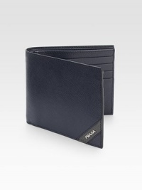 Textured Italian calfskin leather with striped detail and metal logo accent.One billfold compartmentEight credit card slotsLeather4¼W x 3¾HMade in Italy Textured Italian calfskin leather with striped detail and metal logo accent.One billfold compartmentEight credit card slotsLeather4¼W x 3¾HMade in Italy