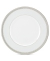 Spun with shimmering platinum, the Belle Haven accent plate by Lenox has all the elegance of white china – with a playful twist! Delicate beading and an extra flourish add to its enchanting style.