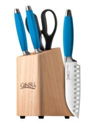 Crafted from stain- and rust-resistant Japanese stainless steel, each piece fits masterfully into the palm of your hand with a soft grip slip-resistant handle that is ergonomically designed and full of lively color. A striking natural wood knife block provides a safe and protective home for your precious tools. Limited lifetime warranty. Crafted from stain- and rust-resistant Japanese stainless steel, each piece fits masterfully into the palm of your hand with a soft grip slip-resistant handle that is ergonomically designed and full of lively color. A striking natural wood knife block provides a safe and protective home for your precious tools. Limited lifetime warranty.