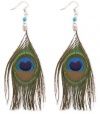 ZAD Long and Elegant Peacock Feather Hook Earrings on Silver Fish Hooks and Blue Beaded Accent