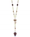 This elegant Y-shaped necklace from Betsey Johnson flaunts a rose-gold tone lantern charm with purple glitter, blue accents, multi-colored beads, purple mouse charm with crystal accents and small gold tone disc accents. Crafted in antiqued gold tone mixed metal. Approximate length: 26 inches + 3-inch extender. Approximate drop: 6 inches.