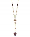 This elegant Y-shaped necklace from Betsey Johnson flaunts a rose-gold tone lantern charm with purple glitter, blue accents, multi-colored beads, purple mouse charm with crystal accents and small gold tone disc accents. Crafted in antiqued gold tone mixed metal. Approximate length: 26 inches + 3-inch extender. Approximate drop: 6 inches.