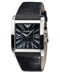 A modern classic. This Emporio Armani watch features a smooth black leather strap and square stainless steel case. Black dial with silvertone Roman numerals and logo, Quartz movement. Water resistant to 30 meters. Two-year limited warranty. A modern classic. This Emporio Armani watch features a smooth black leather strap and square stainless steel case. Black dial with silvertone Roman numerals and logo, Quartz movement. Water resistant to 30 meters. Two-year limited warranty.