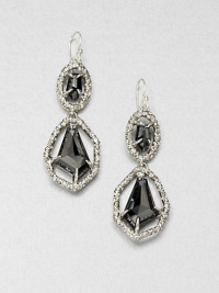 From the Miss Havisham Delano Collection. Faceted hematite stones framed with sparkling Swarovski crystals in a double drop design. HematiteWhite quartz doubletsRhodium-platingSwarovski crystalsDrop, about 2.5Hook backMade in USA From the Miss Havisham Delano Collection. Faceted hematite stones framed with sparkling Swarovski crystals in a double drop design. HematiteWhite quartz doubletsRhodium-platingSwarovski crystalsDrop, about 2.5Hook backMade in USA