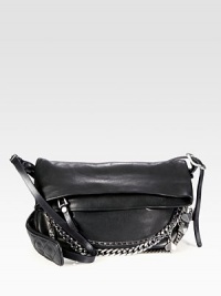 Sleek chain accents adds a touch of edgy glamour to this fold-over style of fine Italian leather. Adjustable shoulder strap, 16-20 dropFold-over top zip closureOne open compartment under flap with zip pocketOne inside zip pocketSuede lining12W X 8H X 3DMade in Italy Sleek chain accents adds a touch of edgy glamour to this fold-over style of fine Italian leather. Adjustable shoulder strap, 16-20 dropFold-over top zip closureOne open compartment under flap with zip pocketOne inside zip pocketSuede lining12W X 8H X 3DMade in Italy