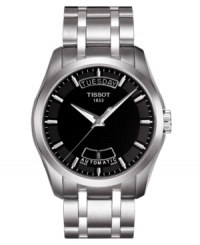 Looking good throughout the ages. This Tissot watch features a stainless steel bracelet and round case. Black dial with silvertone stick indices, logo and date window. Swiss made. Automatic movement. Water resistant to 100 meters. Two-year limited warranty. Looking good throughout the ages. This Tissot watch features a stainless steel bracelet and round case. Black dial with silvertone stick indices, logo and date window. Swiss made. Automatic movement. Water resistant to 100 meters. Two-year limited warranty.