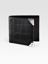 A simple bi-fold design receives a remarkably modern update, featuring six card slots and a billfold compartment, finished in exotic, croc-embossed leather.One billfold compartmentSix card slotsLeather5W x 4HImported A simple bi-fold design receives a remarkably modern update, featuring six card slots and a billfold compartment, finished in exotic, croc-embossed leather.One billfold compartmentSix card slotsLeather5W x 4HImported