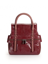 THE LOOKSnakeskin-embossed patent leatherAdjustable leather top handlesMagnetic dual flap closureOne outside zip pocketStud accentsFour center compartmentsTwo inside zip pocketsThree inside open pocketsTHE FITAdjustable double top handles, 4-7½ drop11½W X 13H X 2DTHE MATERIALLeatherFully linedORIGINImported THE LOOKSnakeskin-embossed patent leatherAdjustable leather top handlesMagnetic dual flap closureOne outside zip pocketStud accentsFour center compartmentsTwo inside zip pocketsThree inside open pocketsTHE FITAdjustable double top handles, 4-7½ drop11½W X 13H X 2DTHE MATERIALLeatherFully linedORIGINImported