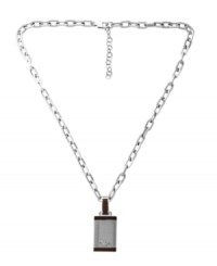 A fresh, new look for the modern man. Get chic, metrosexual style with Emporio Armani's stainless steel and brown leather necklace. Highlights a mesh dog tag pendant with the traditional eagle logo. Approximate length: 20 inches + 2-inch extender. Approximate drop: 1-1/2 inches. A fresh, new look for the modern man. Get chic, metrosexual style with Emporio Armani's stainless steel and brown leather necklace. Highlights a mesh dog tag pendant with the traditional eagle logo. Approximate length: 20 inches + 2-inch extender. Approximate drop: 1-1/2 inches.