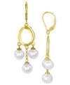 Refined elegance. Majorica's pair of drop earrings radiates class with organic man-made pearls (7-8 mm). Crafted from 18k gold over sterling silver. Approximate drop: 2-1/2 inches.