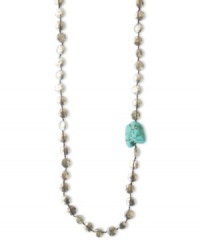 Chic and fashionable, this Lucky Brand necklace combines hammered coin accents with a single reconstituted turquoise nugget. Crafted in silver tone mixed metal. Approximate length: 36 inches. Chic and fashionable, this Lucky Brand necklace combines hammered coin accents with a single reconstituted turquoise nugget. Crafted in silver tone mixed metal. Approximate length: 36 inches.