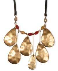 Striking gold tone mixed metal pieces on this collar necklace from Lucky Brand are accented with semi-precious carnelian and calcite stones. Leather holds it all together. Approximate length: 38 inches. Approximate drop: 3-3/4 inches. Striking gold tone mixed metal pieces on this collar necklace from Lucky Brand are accented with semi-precious carnelian and calcite stones. Leather holds it all together. Approximate length: 38 inches. Approximate drop: 3-3/4 inches.