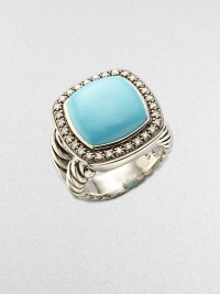 From the Moonlight Ice Collection. A beautiful turquoise center stone surrounded by dazzling diamonds sits atop a cable ring. Diamonds, .45 tcw Turquoise Blackened sterling silver Width, about ½ Imported 