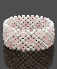 Cuff love. You'll simply flip for this trendy, yet elegant, style. Bracelet combines multiple rows of cultured freshwater pearls (4-5 mm) and stunning rose quartz beads (60 ct. t.w.). Bracelet stretches to fit wrist. Approximate length: 8 inches. Cuff love. You'll simply flip for this trendy, yet elegant, style. Bracelet combines multiple rows of cultured freshwater pearls (4-5 mm) and stunning rose quartz beads (60 ct. t.w.). Bracelet stretches to fit wrist. Approximate length: 8 inches.