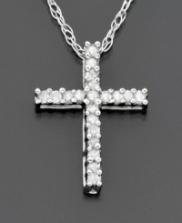 Across her heart… a special cross pendant sparkling bright with round-cut diamonds ( 1/10 ct. t.w.) set in 14k white gold. Diamond necklace chain measures 18 inches; pendant measures 3/4 inches. Across her heart… a special cross pendant sparkling bright with round-cut diamonds ( 1/10 ct. t.w.) set in 14k white gold. Diamond necklace chain measures 18 inches; pendant measures 3/4 inches.