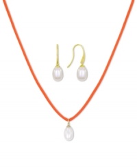 Casual chic. This pendant and earrings set from Majorica pops with organic man-made pearls (9 mm). The orange cord necklace adds a touch of whimsy. Crafted in gold tone mixed metal. Approximate length: 16 to 18 inches. Approximate drop: 1/2 inch. Casual chic. This pendant and earrings set from Majorica pops with organic man-made pearls (9 mm). The orange cord necklace adds a touch of whimsy. Crafted in gold tone mixed metal. Approximate length: 16 to 18 inches. Approximate drop: 1/2 inch.