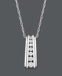 Add a distinct row of dramatic diamond to your neckline. This dazzling pendant features round-cut, certified near colorless diamond (1/4 ct. t.w.) in a polished 14k white gold setting. Approximate length: 18 inches. Approximate drop: 1/2 inch. IGI Certified diamonds. Add a distinct row of dramatic diamond to your neckline. This dazzling pendant features round-cut, certified near colorless diamond (1/4 ct. t.w.) in a polished 14k white gold setting. Approximate length: 18 inches. Approximate drop: 1/2 inch. IGI Certified diamonds.