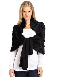 THE LOOKSilky soft pieced rabbit fur stripesSmooth knit ties at frontTHE FIT26W X 76LTHE MATERIALDyed rabbit furKnit: acrylicCARE & ORIGINDry clean by fur specialistImportedFur origin: China THE LOOKSilky soft pieced rabbit fur stripesSmooth knit ties at frontTHE FIT26W X 76LTHE MATERIALDyed rabbit furKnit: acrylicCARE & ORIGINDry clean by fur specialistImportedFur origin: China