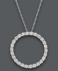 Subtly shimmering and eternally stylish! This exquisite pendant features a classic open-cut circle decorated by sparkling, round-cut diamonds (1 ct. t.w.). Setting and chain crafted in 14k white gold. Approximate length: 18 inches. Approximate drop: 1 inch. Subtly shimmering and eternally stylish! This exquisite pendant features a classic open-cut circle decorated by sparkling, round-cut diamonds (1 ct. t.w.). Setting and chain crafted in 14k white gold. Approximate length: 18 inches. Approximate drop: 1 inch.