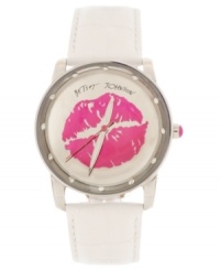 Kiss your wrists with this lovely watch from Betsey Johnson. Dressed in genuine white leather and glammed up with a vibrant graphic. Kiss your wrists with this lovely watch from Betsey Johnson. Dressed in genuine white leather and glammed up with a vibrant graphic.