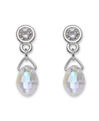 Set the style scene with a little Swarovski sparkle! These glam drop earrings feature faceted crystal drops suspended from a bezel-set crystal post. Crafted in silver tone mixed metal. Approximate drop: 3/4 inch.