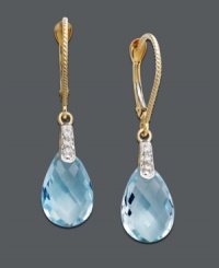 Add perfect pools of blue to your ensemble. Earrings feature pear-cut blue topaz (7 ct. t.w.) with a light dusting of diamond accents. Set in 14k gold. Approximate drop: 1-1/4 inches.
