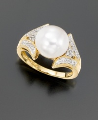 This bold style radiates elegant luxury. A gleaming, cultured freshwater pearl (10 mm) is surrounded by the sparkle of round-cut diamonds (1/16 ct. t.w.). Set in 14k gold. This bold style radiates elegant luxury. A gleaming, cultured freshwater pearl (10 mm) is surrounded by the sparkle of round-cut diamonds (1/16 ct. t.w.). Set in 14k gold.