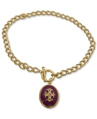Lovely heirlooms for your collection. T Tahari's pretty necklace flaunts a pendant with purple resin cabochon beads with crystal accents and golden detail. Crafted in 14k gold-plated mixed metal. Nickel-free for sensitive skin. Approximate length: 17 inches + 3-inch extender. Approximate drop: 2-3/4 inches. Lovely heirlooms for your collection. T Tahari's pretty necklace flaunts a pendant with purple resin cabochon beads with crystal accents and golden detail. Crafted in 14k gold-plated mixed metal. Nickel-free for sensitive skin. Approximate length: 17 inches + 3-inch extender. Approximate drop: 2-3/4 inches.