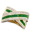 Round-cut emeralds (3/4 ct. t.w.) and round-cut diamonds (1/4 ct.t.w.) crisscross within this 14k yellow gold ring for a very elegant effect.