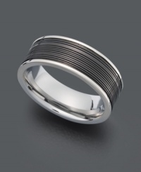 Symbolic style with an extra edge. This modern men's ring by Triton highlights a lined, black PVD center set in a sturdy, stainless steel band (8 mm). Size 10. Symbolic style with an extra edge. This modern men's ring by Triton highlights a lined, black PVD center set in a sturdy, stainless steel band (8 mm). Size 10.