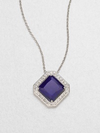 A deep sapphire-colored faceted square of cubic zirconia is framed by shimmering pavé crystals in this lovely design on a silvery chain.Crystal and cubic zirconiaRhodium platingChain length, about 16Pendant, about ½ squareLobster claspImported A deep sapphire-colored faceted square of cubic zirconia is framed by shimmering pavé crystals in this lovely design on a silvery chain.Crystal and cubic zirconiaRhodium platingChain length, about 16Pendant, about ½ squareLobster claspImported
