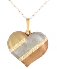 Show her you care, three times over! This lovely tri-color puffed heart pendant features a 14k white gold, 14k gold and 14k rose gold setting with a chic, satin finish. Approximate length: 18 inches. Approximate drop length: 1-1/8 inches. Approximate drop width: 9/10 inch.