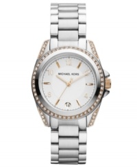 Elegant Swarovski elements grace the corners of this classically structured timepiece from Michael Kors. Elegant Swarovski elements grace the corners of this classically structured timepiece from Michael Kors.
