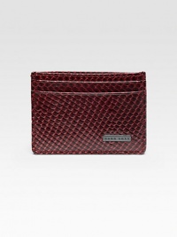 A distinctive style crafted of snake-printed leather with convenient ID window on the outside. 2 outside pockets1 inside pocket3¾ X 2½ Imported A distinctive style crafted of snake-printed leather with convenient ID window on the outside. 2 outside pockets1 inside pocket3¾ X 2½ Imported