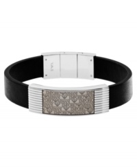 Add a designer element to your style. Emporio Armani's refined bracelet features the signature logo emblazoned in stainless steel with a transparent grey lacquer finish. Bracelet band is crafted in sleek black leather. Approximate length: 7-1/2 inches. Add a designer element to your style. Emporio Armani's refined bracelet features the signature logo emblazoned in stainless steel with a transparent grey lacquer finish. Bracelet band is crafted in sleek black leather. Approximate length: 7-1/2 inches.