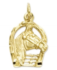 Get equestrian! This shiny charm features an intricately-carved horse head inside a horseshoe, for extra good luck. Crafted in 14k gold. Chain not included. Approximate length: 4/5 inch. Approximate width: 2/5 inch. Get equestrian! This shiny charm features an intricately-carved horse head inside a horseshoe, for extra good luck. Crafted in 14k gold. Chain not included. Approximate length: 4/5 inch. Approximate width: 2/5 inch.