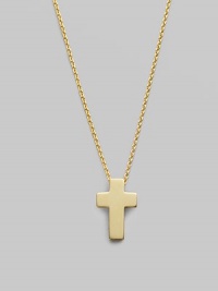 From the Tiny Treasures Collection. An artfully simple cross of polished 18k gold has a modern feel and a quiet elegance. 18k yellow gold Chain length, about 18 Charm length, about ½ Lobster clasp Made in Italy From the Tiny Treasures Collection. An artfully simple cross of polished 18k gold has a modern feel and a quiet elegance. 18k yellow gold Chain length, about 18 Charm length, about ½ Lobster clasp Made in Italy