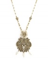 Frilly, fancy, and totally fashionable. Jessica Simpson's delicate drop pendant combines a lovely lace design accented by shimmering simulated pearl drops. Crafted in gold tone mixed metal. Approximate length: 30 inches. Approximate drop: 3-1/2 inches.